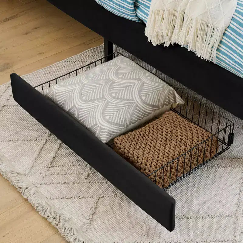 Divano-Letto in Velluto Beige/Nero con 2 Cassetti Sotto Letto, Singolo/Matrimoniale, 1–2 Persone