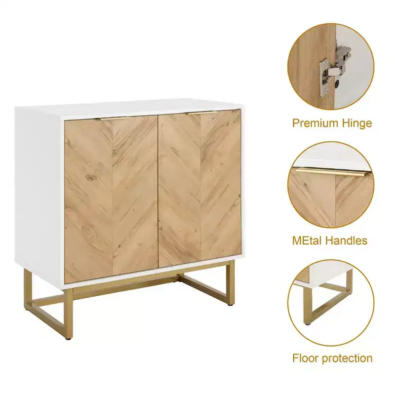 Mobile credenza a 2 ante con motivo Chevron, in legno bianco e naturale, con base in metallo nero