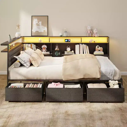 Black Full Bed Frame with LED Lights Charging Station Storage Bookcase 3 Drawers Upholstered Headboard Corner Daybed No Box Spring Support