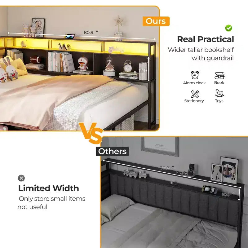 Daybed Angolare a L a Grandezza Naturale Nero con Luci LED, Contenitore e Stazione di Ricarica, per 1 Persona