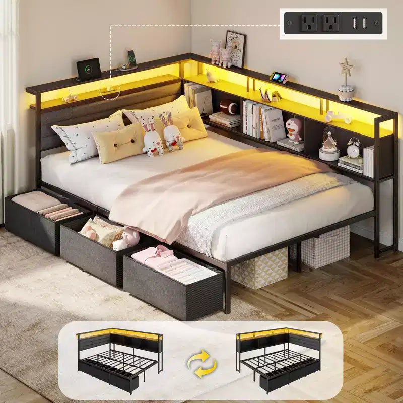 Daybed Angolare a L a Grandezza Naturale Nero con Luci LED, Contenitore e Stazione di Ricarica, per 1 Persona