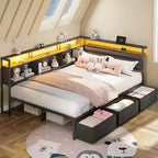 Daybed Angolare a L a Grandezza Naturale Nero con Luci LED, Contenitore e Stazione di Ricarica, per 1 Persona
