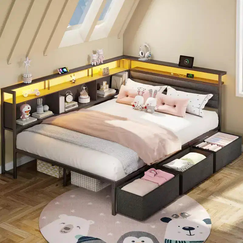 Daybed Angolare a L a Grandezza Naturale Nero con Luci LED, Contenitore e Stazione di Ricarica, per 1 Persona
