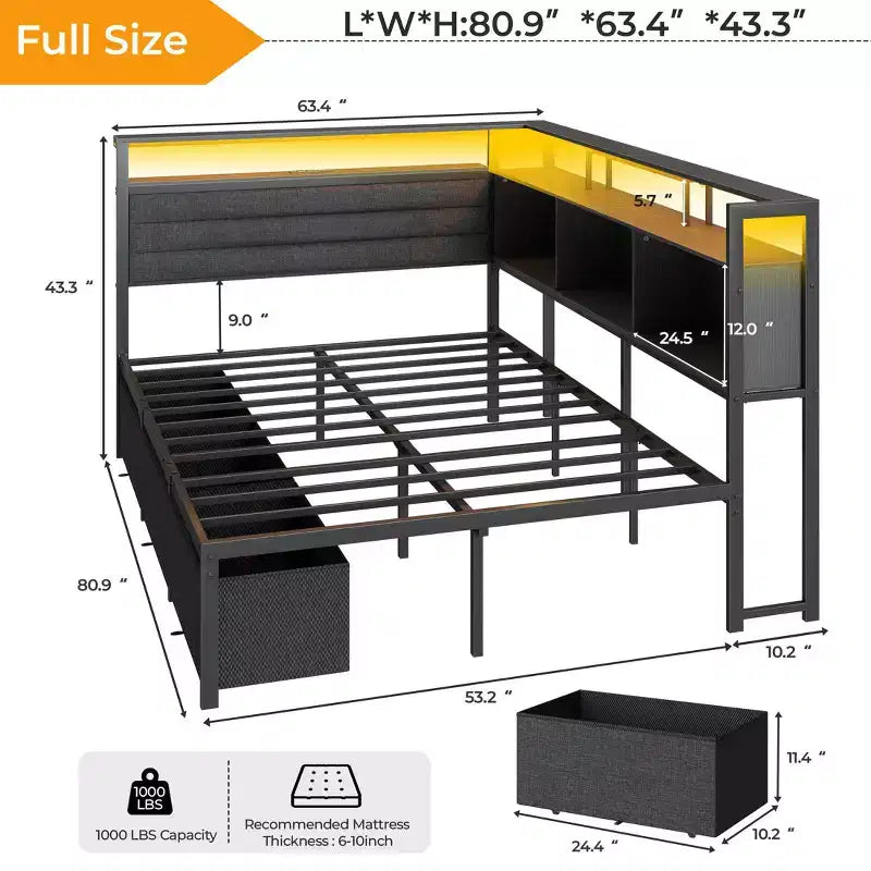 Daybed Angolare a L a Grandezza Naturale Nero con Luci LED, Contenitore e Stazione di Ricarica, per 1 Persona
