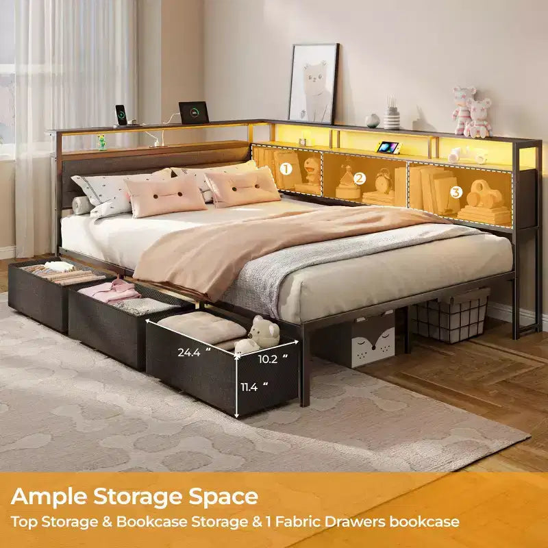 Daybed Angolare a L a Grandezza Naturale Nero con Luci LED, Contenitore e Stazione di Ricarica, per 1 Persona