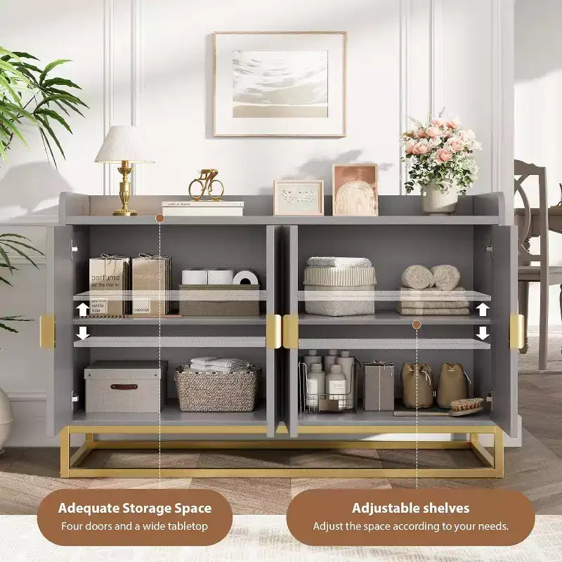 Credenza scanalata nera/grigia con contenitore, mobile a 4 ante per soggiorno e cucina
