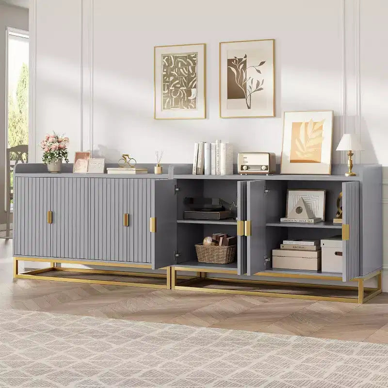 Credenza scanalata nera/grigia con contenitore, mobile a 4 ante per soggiorno e cucina