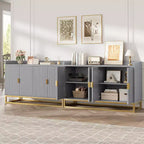 Credenza scanalata nera/grigia con contenitore, mobile a 4 ante per soggiorno e cucina