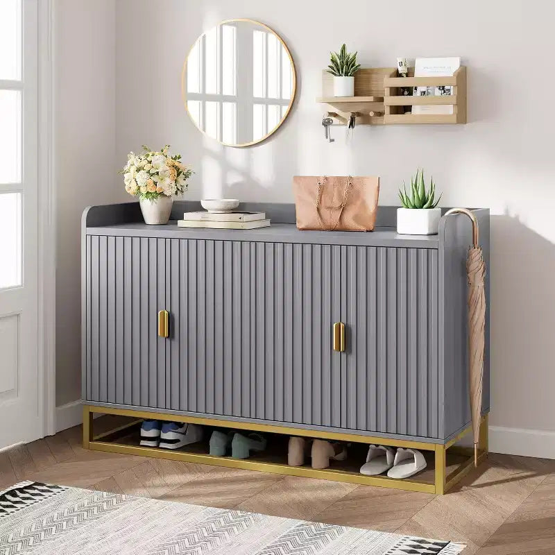 Credenza scanalata nera/grigia con contenitore, mobile a 4 ante per soggiorno e cucina