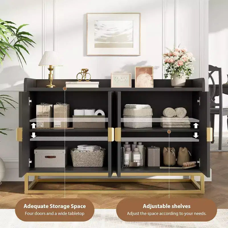 Credenza scanalata nera/grigia con contenitore, mobile a 4 ante per soggiorno e cucina