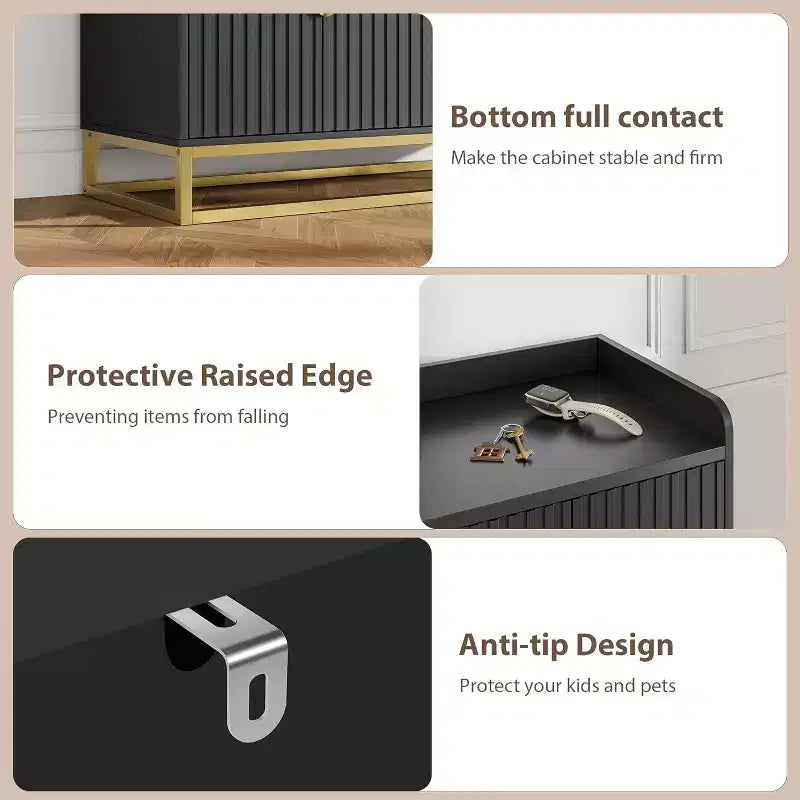 Credenza scanalata nera/grigia con contenitore, mobile a 4 ante per soggiorno e cucina