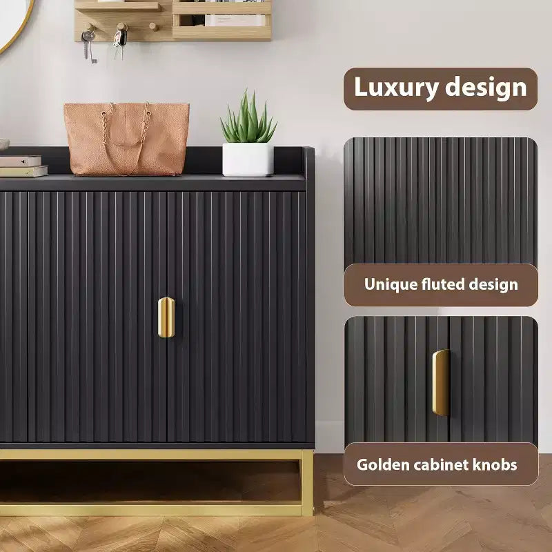 Credenza scanalata nera/grigia con contenitore, mobile a 4 ante per soggiorno e cucina