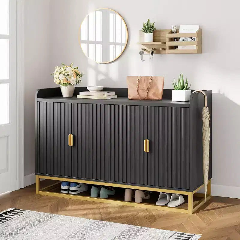 Credenza scanalata nera/grigia con contenitore, mobile a 4 ante per soggiorno e cucina