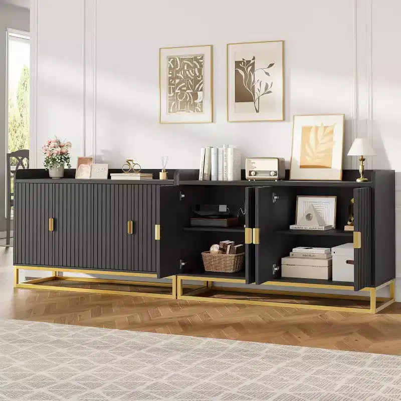 Credenza scanalata nera/grigia con contenitore, mobile a 4 ante per soggiorno e cucina