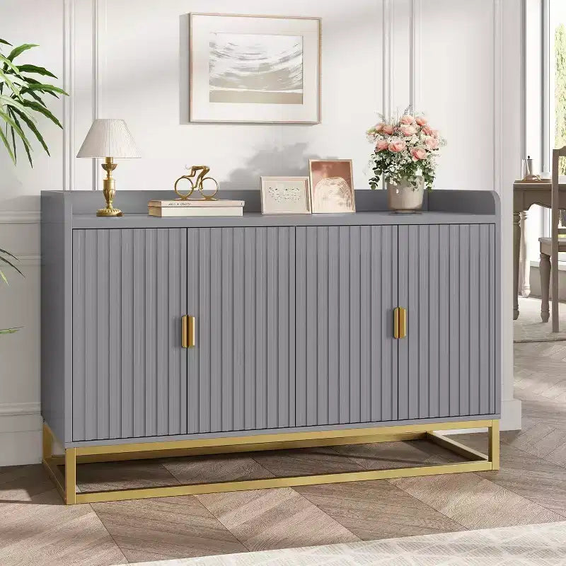 Credenza scanalata nera/grigia con contenitore, mobile a 4 ante per soggiorno e cucina