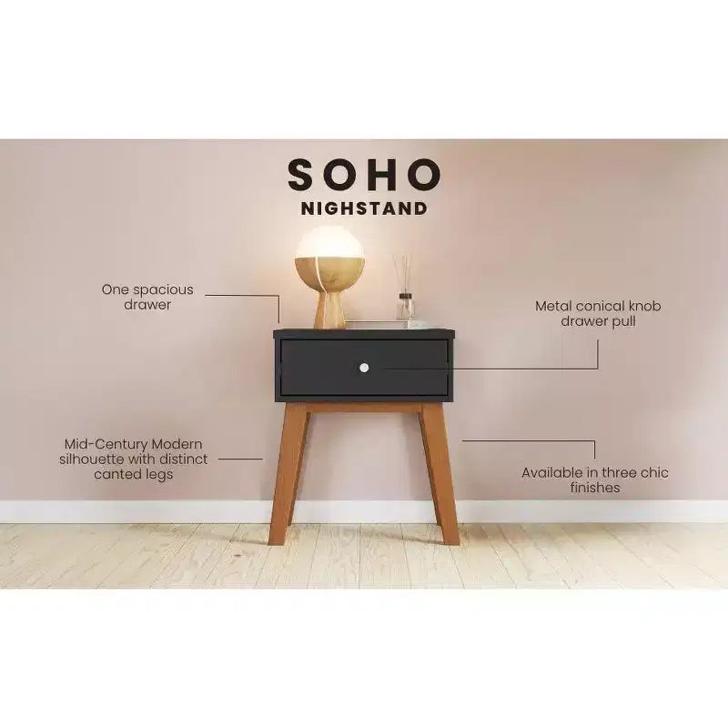 Comodino Dusty Heather / Ebony / White Natural a 1 cassetto in stile Mid-Century per Camera Singola