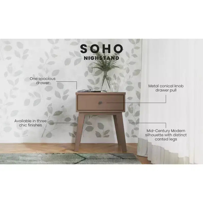 Comodino Dusty Heather / Ebony / White Natural a 1 cassetto in stile Mid-Century per Camera Singola