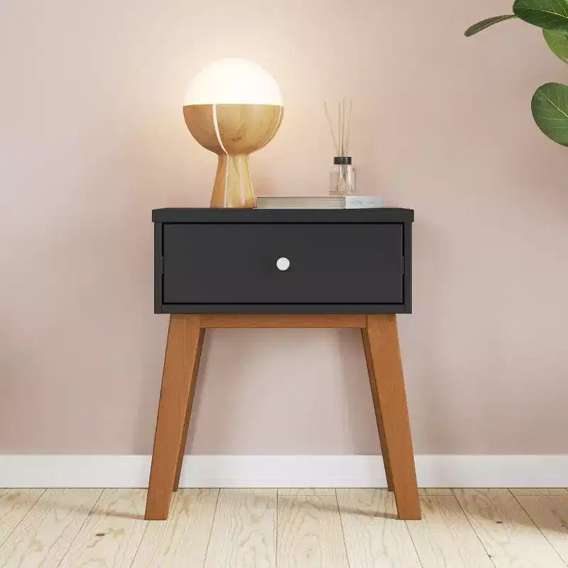 Comodino Dusty Heather / Ebony / White Natural a 1 cassetto in stile Mid-Century per Camera Singola