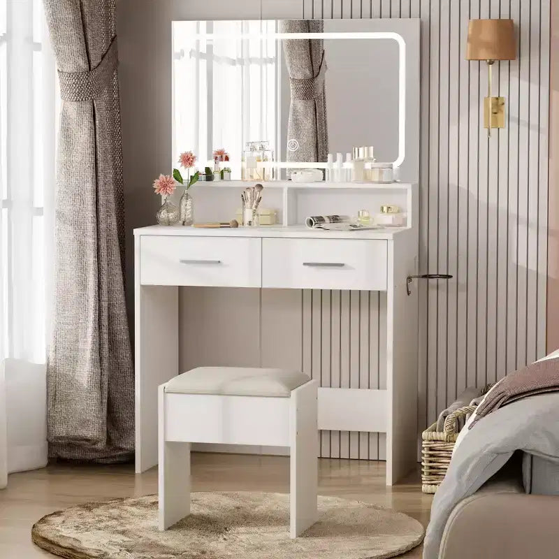 Scrivania Toeletta Bianca con Specchio, 2 Cassetti e Sgabello – 1 Persona