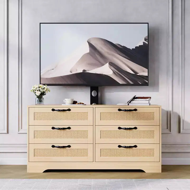 Mobile TV nero/legno da 120 cm con supporto, console di intrattenimento in rattan a 6 cassetti per TV da 32-85", montaggio da 2 persone