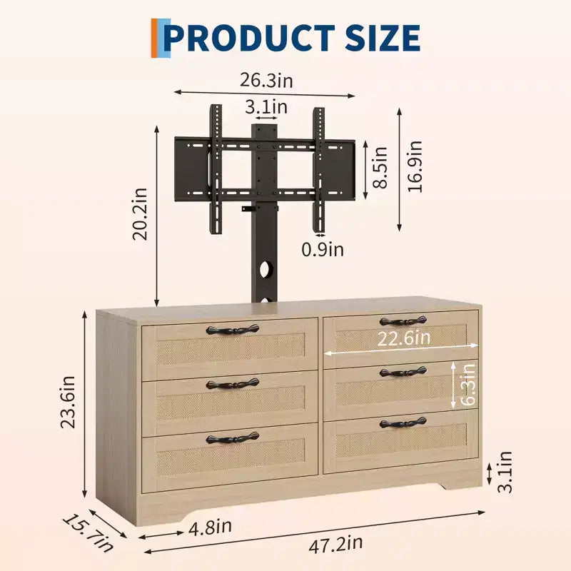 Mobile TV nero/legno da 120 cm con supporto, console di intrattenimento in rattan a 6 cassetti per TV da 32-85", montaggio da 2 persone