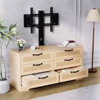Mobile TV nero/legno da 120 cm con supporto, console di intrattenimento in rattan a 6 cassetti per TV da 32-85", montaggio da 2 persone