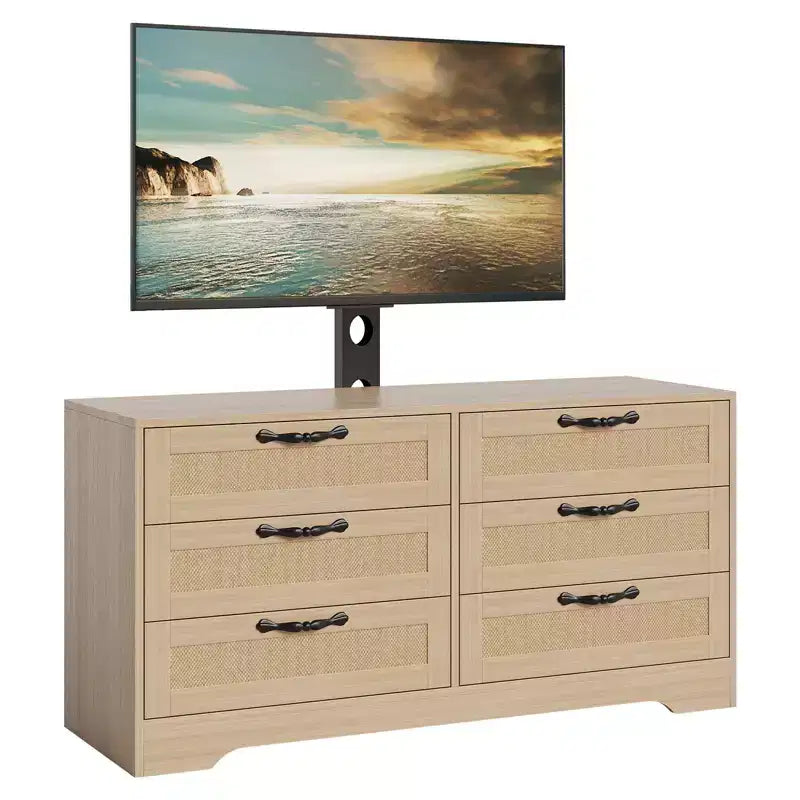 Mobile TV nero/legno da 120 cm con supporto, console di intrattenimento in rattan a 6 cassetti per TV da 32-85", montaggio da 2 persone