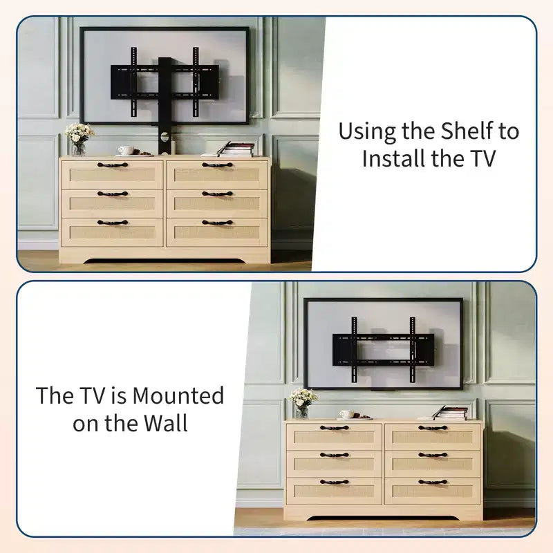 Mobile TV nero/legno da 120 cm con supporto, console di intrattenimento in rattan a 6 cassetti per TV da 32-85", montaggio da 2 persone