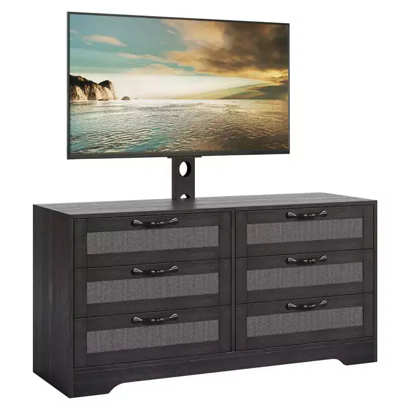 Mobile TV nero/legno da 120 cm con supporto, console di intrattenimento in rattan a 6 cassetti per TV da 32-85", montaggio da 2 persone
