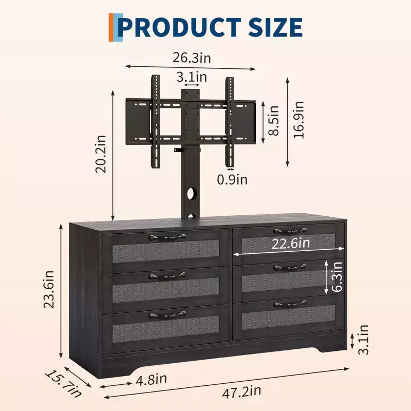 Mobile TV nero/legno da 120 cm con supporto, console di intrattenimento in rattan a 6 cassetti per TV da 32-85", montaggio da 2 persone