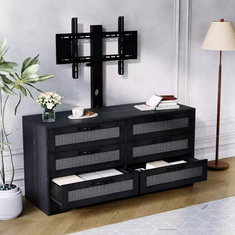 Mobile TV nero/legno da 120 cm con supporto, console di intrattenimento in rattan a 6 cassetti per TV da 32-85", montaggio da 2 persone