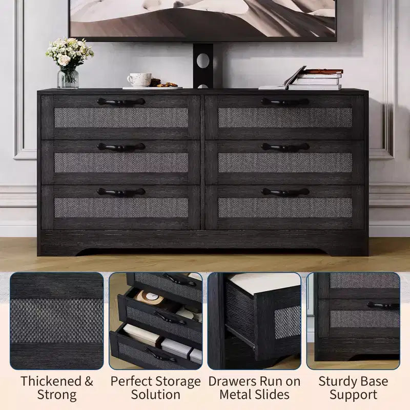Mobile TV nero/legno da 120 cm con supporto, console di intrattenimento in rattan a 6 cassetti per TV da 32-85", montaggio da 2 persone