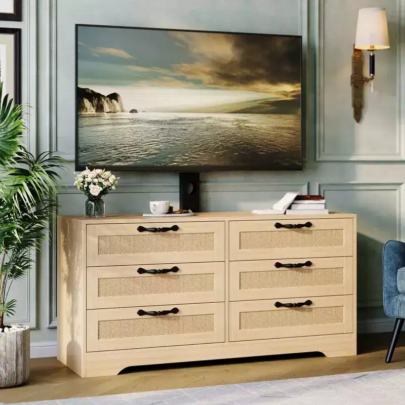 Mobile TV nero/legno da 120 cm con supporto, console di intrattenimento in rattan a 6 cassetti per TV da 32-85", montaggio da 2 persone