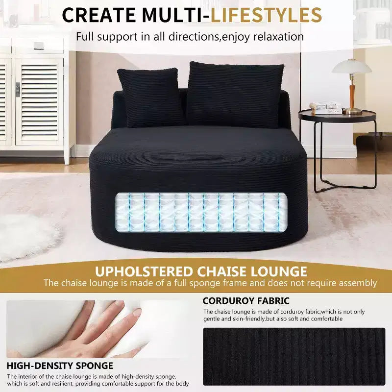 Divano a sdraio in velluto a coste beige/nero/blu/grigio/verde, a 2 posti, con cuscini