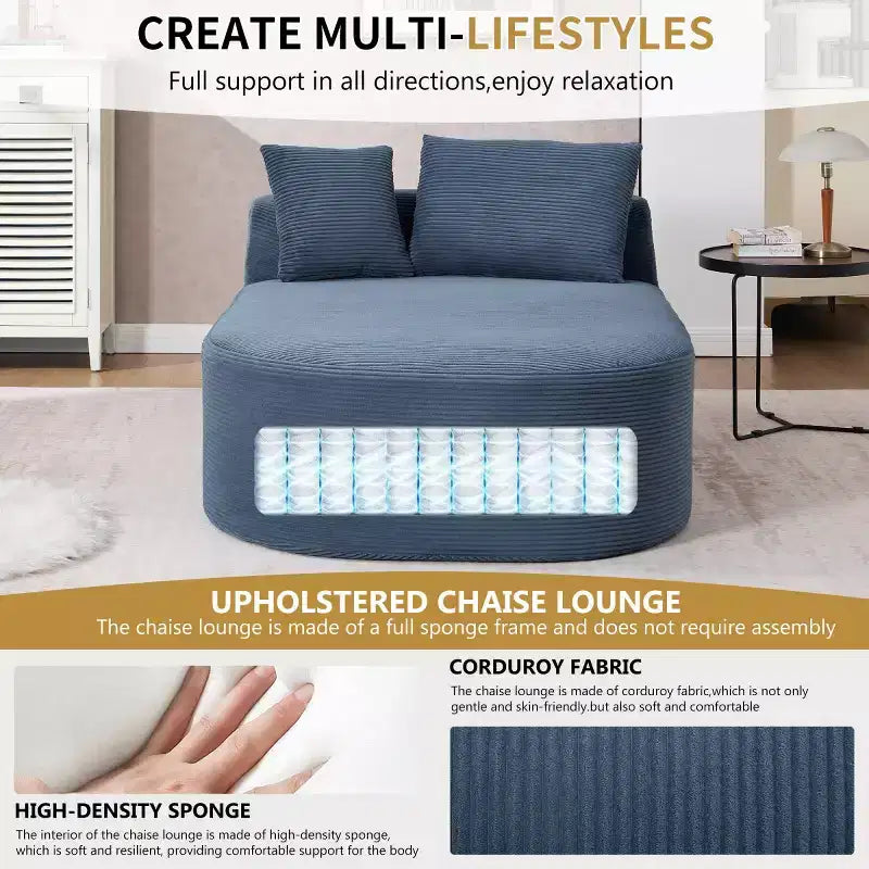 Divano a sdraio in velluto a coste beige/nero/blu/grigio/verde, a 2 posti, con cuscini