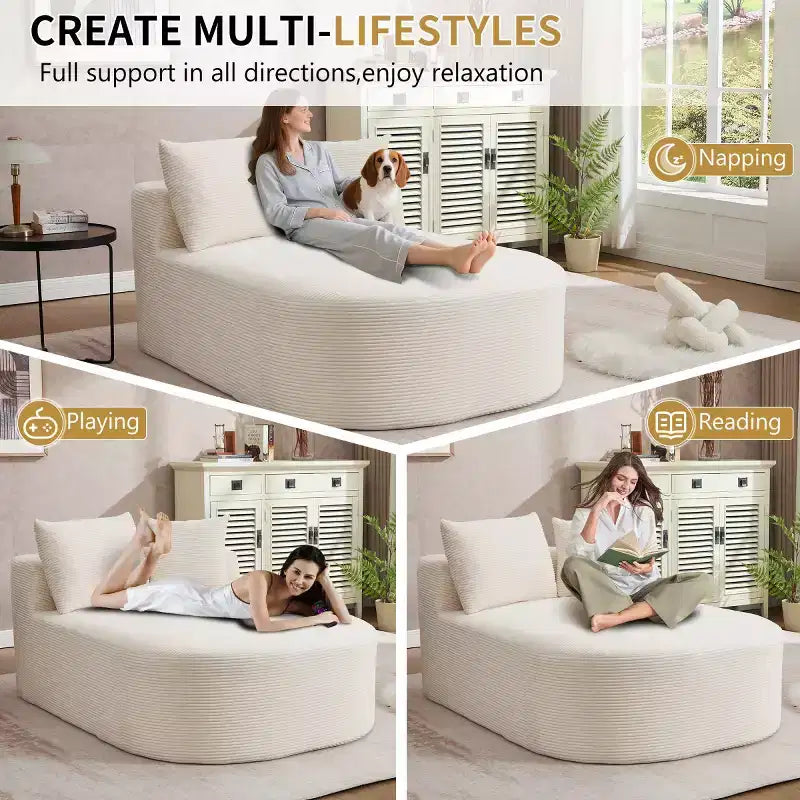 Divano a sdraio in velluto a coste beige/nero/blu/grigio/verde, a 2 posti, con cuscini