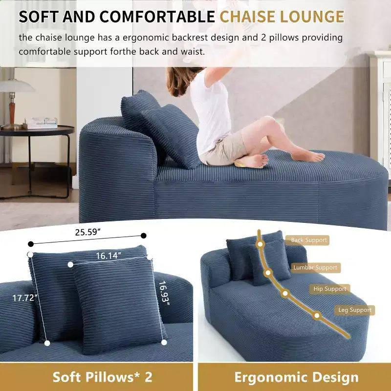Divano a sdraio in velluto a coste beige/nero/blu/grigio/verde, a 2 posti, con cuscini