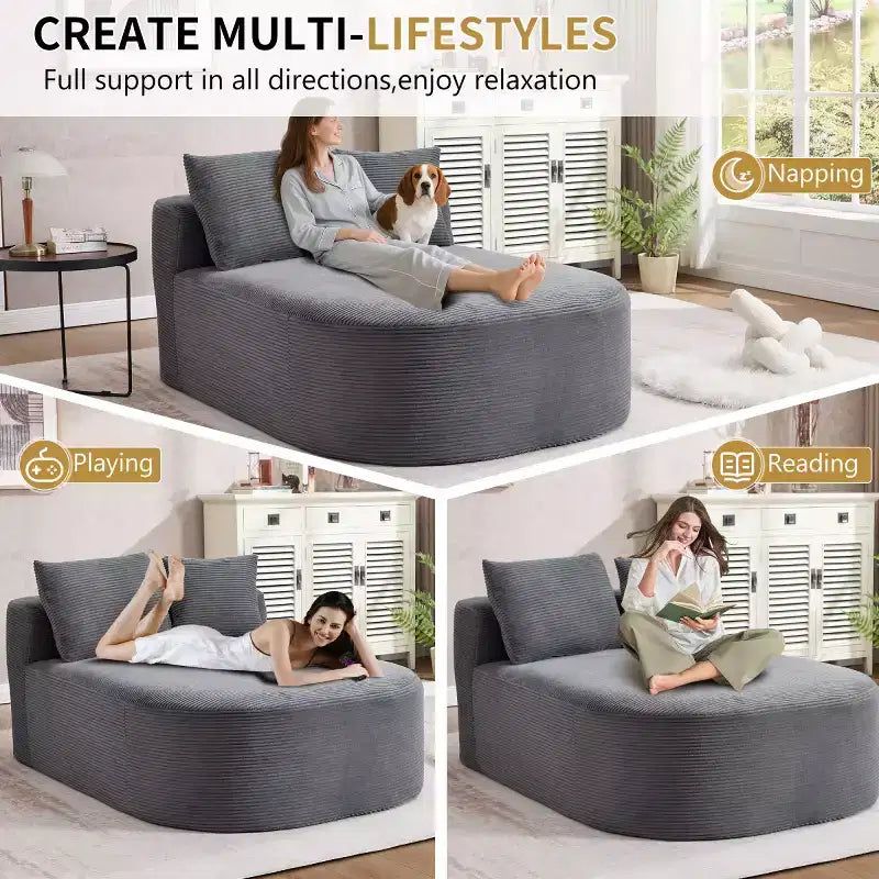 Divano a sdraio in velluto a coste beige/nero/blu/grigio/verde, a 2 posti, con cuscini