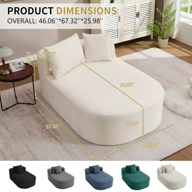 Divano a sdraio in velluto a coste beige/nero/blu/grigio/verde, a 2 posti, con cuscini