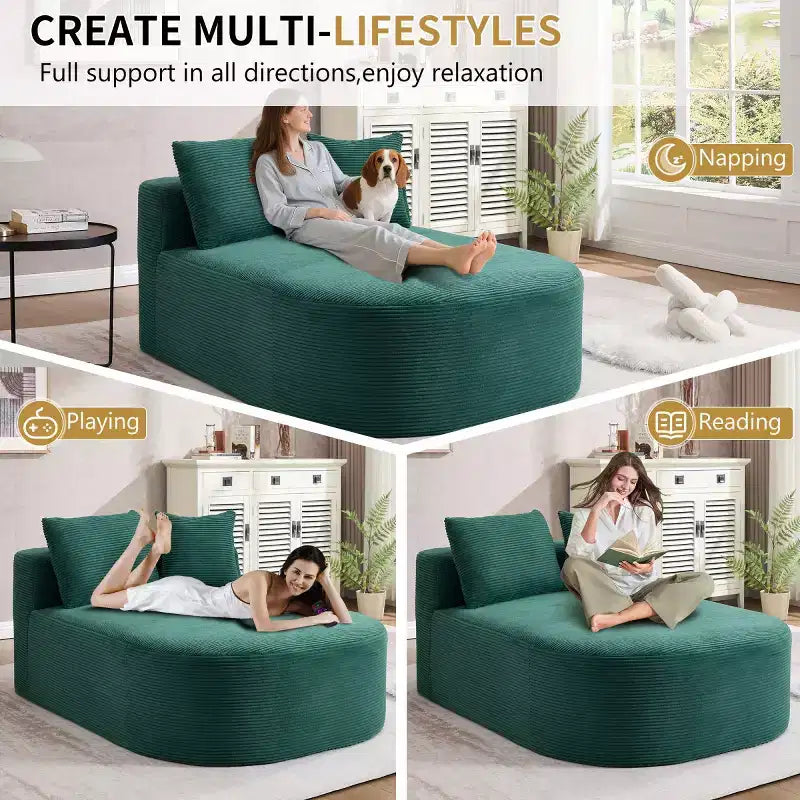 Divano a sdraio in velluto a coste beige/nero/blu/grigio/verde, a 2 posti, con cuscini