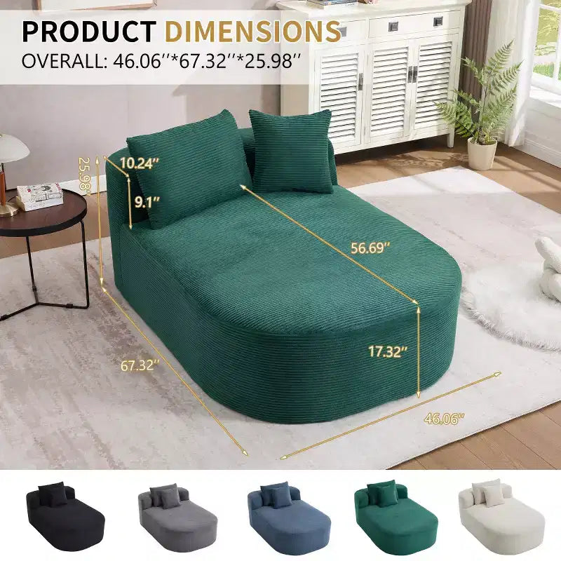 Divano a sdraio in velluto a coste beige/nero/blu/grigio/verde, a 2 posti, con cuscini