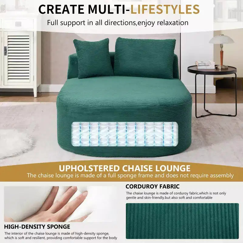 Divano a sdraio in velluto a coste beige/nero/blu/grigio/verde, a 2 posti, con cuscini