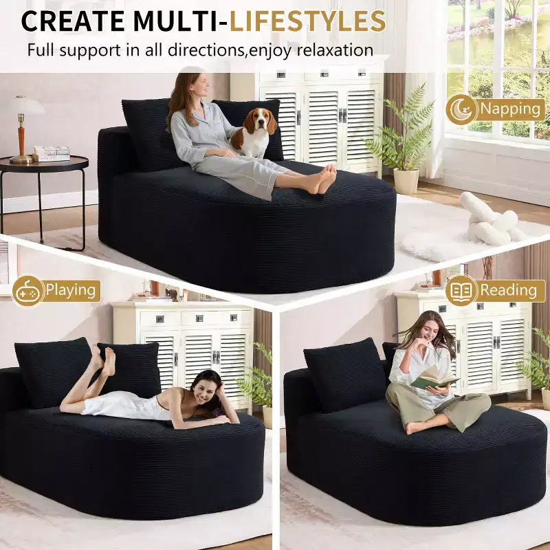 Divano a sdraio in velluto a coste beige/nero/blu/grigio/verde, a 2 posti, con cuscini