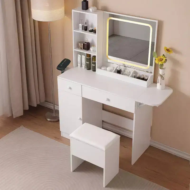 Scrivania Trucco Bianca con Sgabello, Specchio Illuminato e Mobile Contenitore, 1 Posto