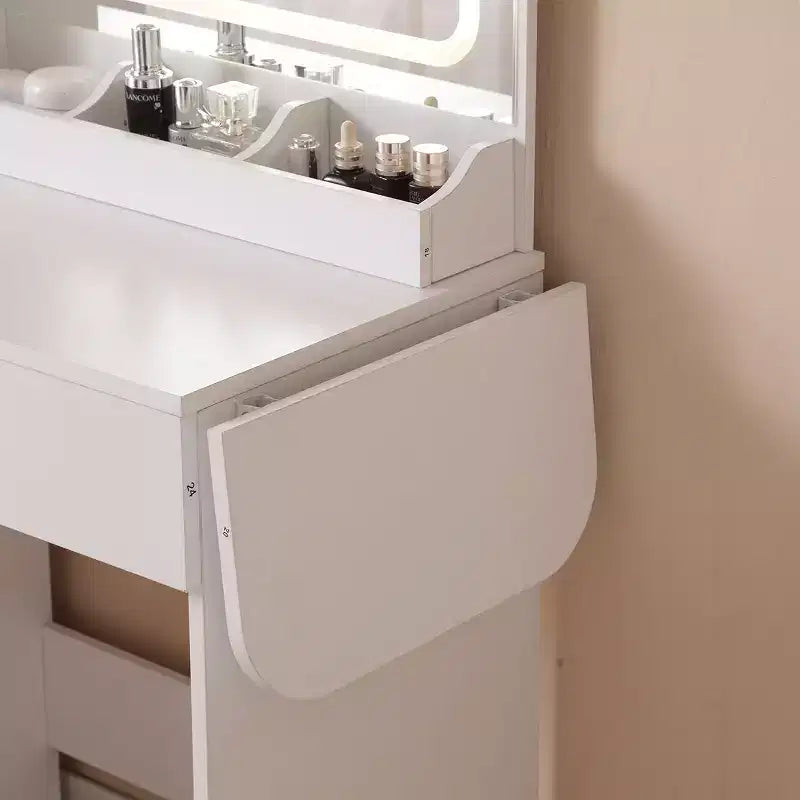 Scrivania Trucco Bianca con Sgabello, Specchio Illuminato e Mobile Contenitore, 1 Posto