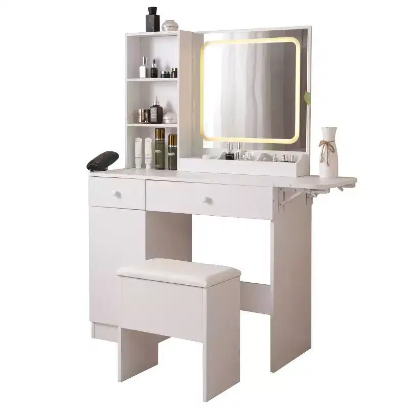 Scrivania Trucco Bianca con Sgabello, Specchio Illuminato e Mobile Contenitore, 1 Posto