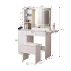 Scrivania Trucco Bianca con Sgabello, Specchio Illuminato e Mobile Contenitore, 1 Posto