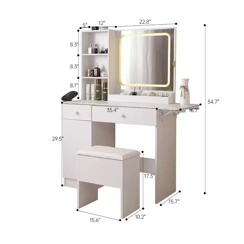 Scrivania Trucco Bianca con Sgabello, Specchio Illuminato e Mobile Contenitore, 1 Posto