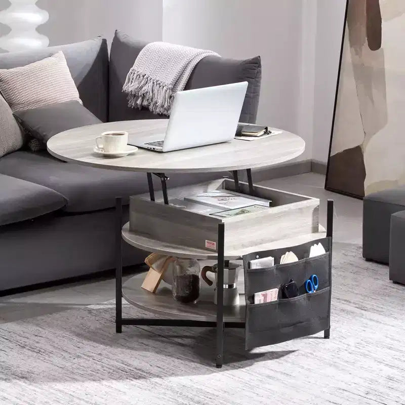 Tavolino da caffè rotondo rialzabile grigio scuro con contenitore, monoposto