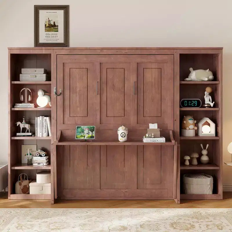 Letto a scomparsa matrimoniale/queen-size marrone scuro con scrivania e libreria, 1 persona